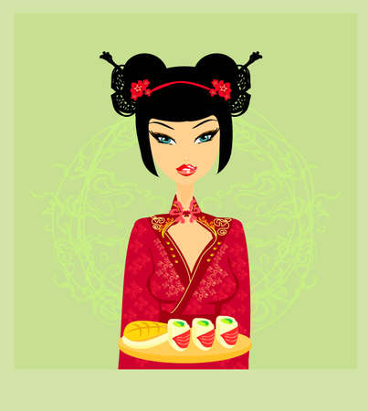 beautiful Asian girl enjoy sushi - menu template のイラスト素材