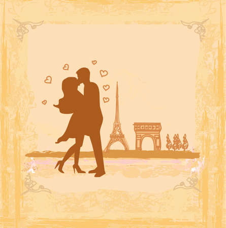 Romantic couple in Paris kissing near the Eiffel Tower Retro card のイラスト素材