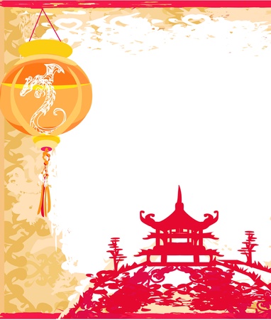 old paper with Asian Landscape and Chinese Lanterns - vintage japanese style background のイラスト素材