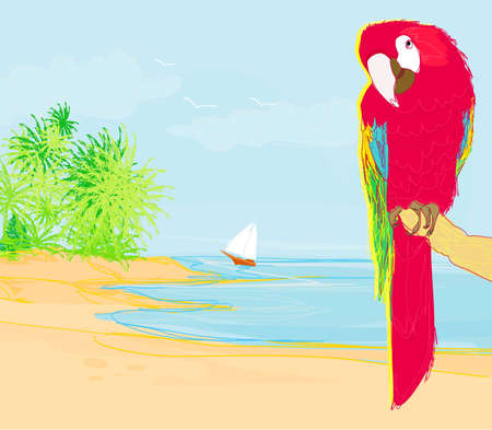 Colourful parrot bird sitting on the perch on the beach のイラスト素材