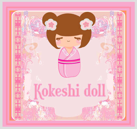 Kokeshi doll on the pink background with floral ornament のイラスト素材
