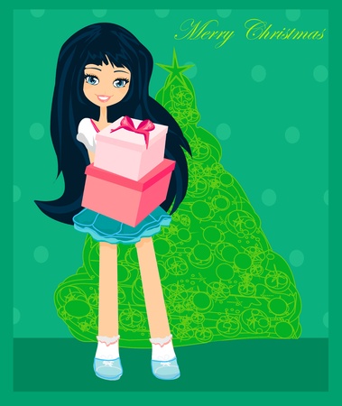 beautiful girl with gift box - Christmas postcard のイラスト素材