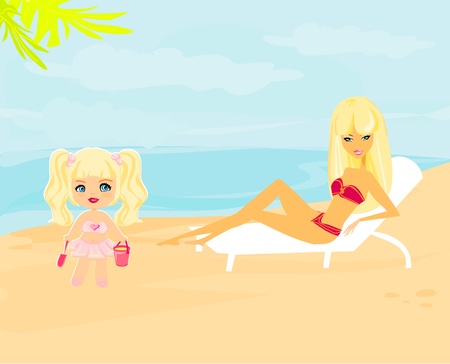 young mother and her daughter at beach のイラスト素材