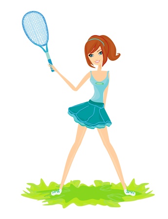 Young girl with a tennis racket over white background のイラスト素材