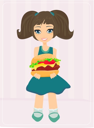 cute little girl eating hot dogのイラスト素材