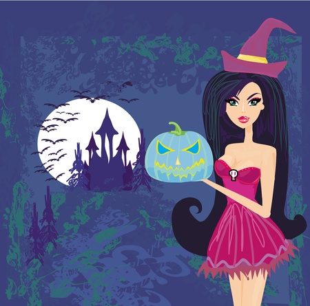 Halloween witch standing with pumpkin のイラスト素材