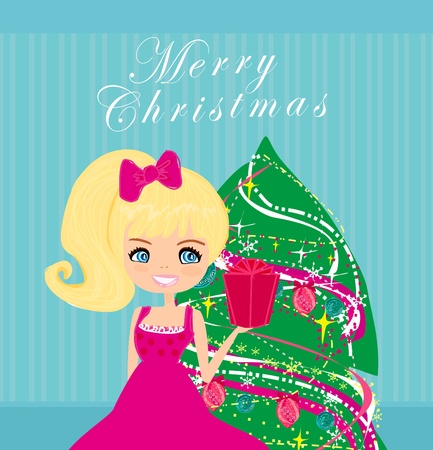 cute girl with gift box near by Christmas Tree のイラスト素材