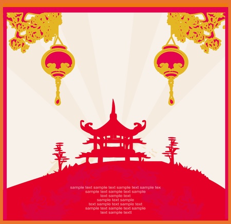 old paper with Asian Landscape and Chinese Lanterns - vintage japanese style background のイラスト素材