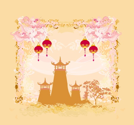 old paper with Asian Landscape and Chinese Lanterns - vintage japanese style background のイラスト素材