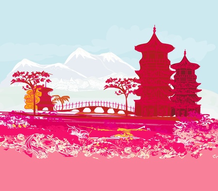 old paper with Asian Landscape のイラスト素材