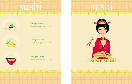 beautiful Asian girl enjoy sushi - menu template のイラスト素材