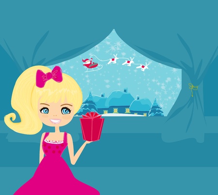 Happy New year card with Santa, girl and winter landscape のイラスト素材
