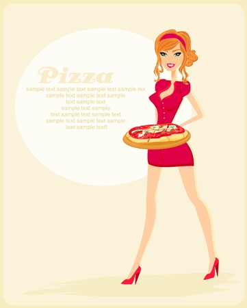 beautiful woman enjoys pizza のイラスト素材