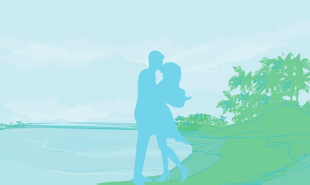 silhouette couple on tropical beach のイラスト素材