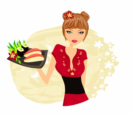 beautiful Asian girl enjoy sushiのイラスト素材