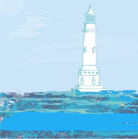 lighthouse seen from a tiny beach - Grunge Poster のイラスト素材