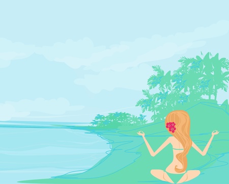 Girl in Yoga pose on Summer background with palm tree のイラスト素材