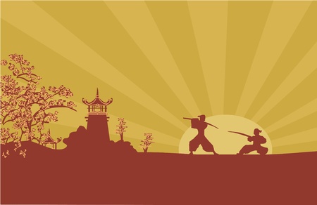 old paper with Samurai silhouette のイラスト素材