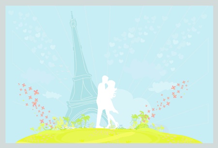 Romantic couple in Paris kissing near the Eiffel Tower Retro card のイラスト素材