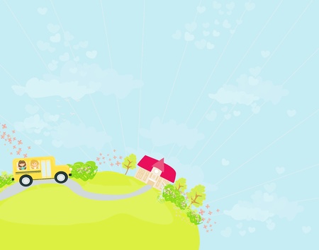 school bus heading to school with happy children のイラスト素材