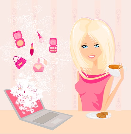 Online shopping - young smiling woman sitting with laptop computer のイラスト素材
