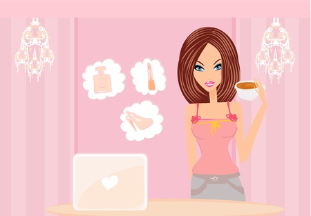 Online shopping - young smiling woman sitting with laptop computer のイラスト素材