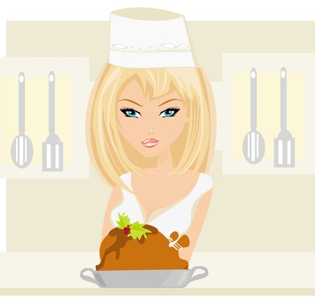 Beautiful Waitress serving a chicken のイラスト素材