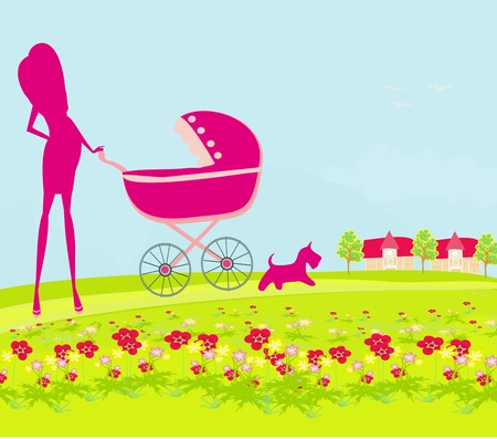 beautiful pregnant woman pushing a stroller walking with her dog in a parkのイラスト素材