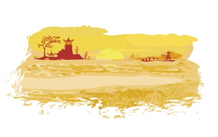 old paper with Asian Landscape のイラスト素材