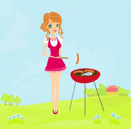 Woman cooking on a grill のイラスト素材