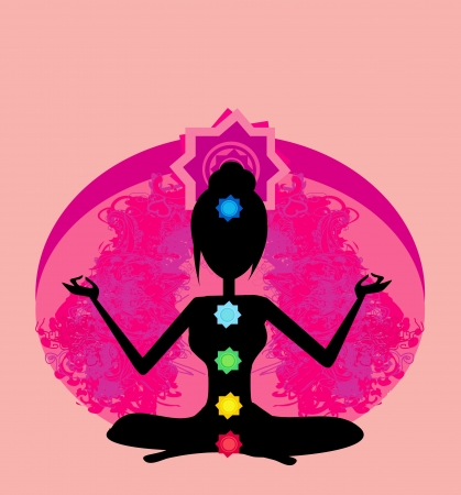Yoga lotus pose  Padmasana with colored chakra points のイラスト素材