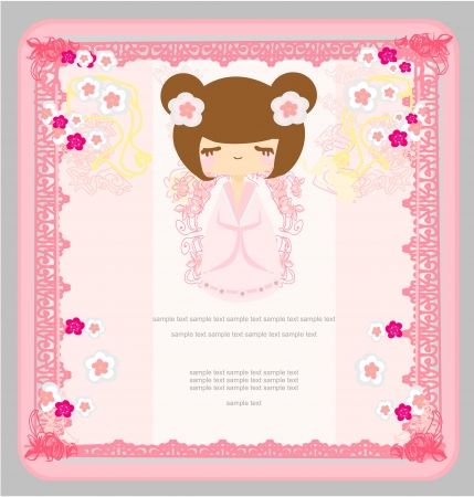 Kokeshi doll on the pink background with floral ornament のイラスト素材