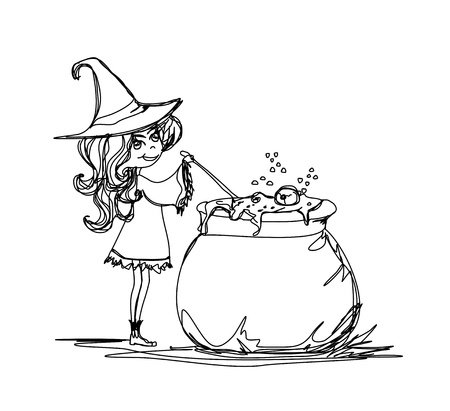 Halloween witch preparing potion - doodle のイラスト素材
