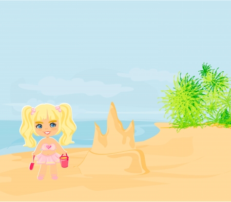 Illustration little girl building a sand castle at the beachのイラスト素材