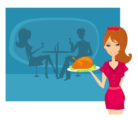 Beautiful Waitress serving a chicken のイラスト素材