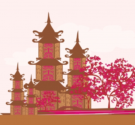 old paper with Asian Landscapeのイラスト素材