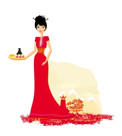 beautiful Asian girl enjoy sushi - menu templateのイラスト素材