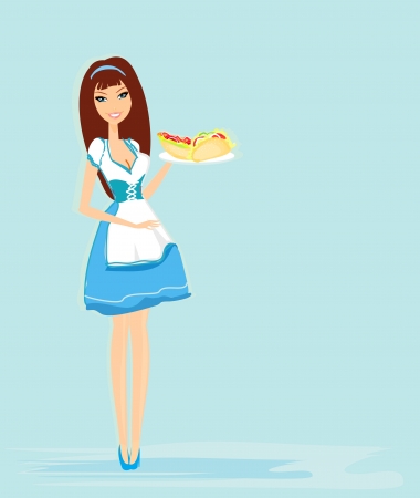 beautiful waitress with a tray のイラスト素材