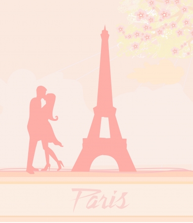 Romantic couple in Paris kissing near the Eiffel Tower  Retro card  のイラスト素材