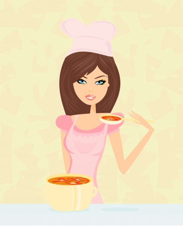 Beautiful lady cooking soup のイラスト素材