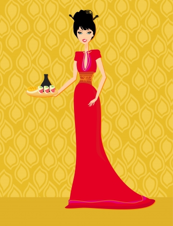 beautiful Asian girl enjoy sushi のイラスト素材