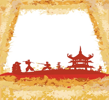 old paper with Samurai silhouette のイラスト素材