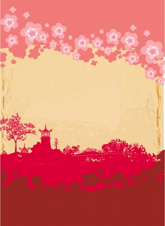 old paper with Asian Landscape のイラスト素材