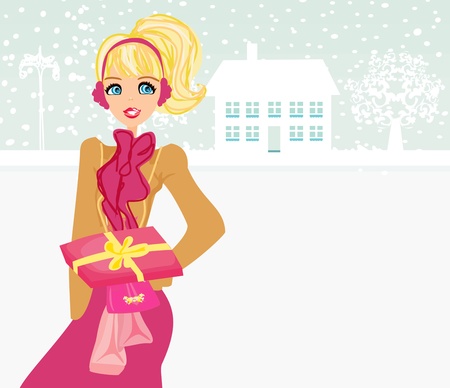 fashion shopping girl with shopping bags and gift box のイラスト素材