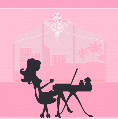 Online shopping - young smiling woman sitting with laptop compute のイラスト素材
