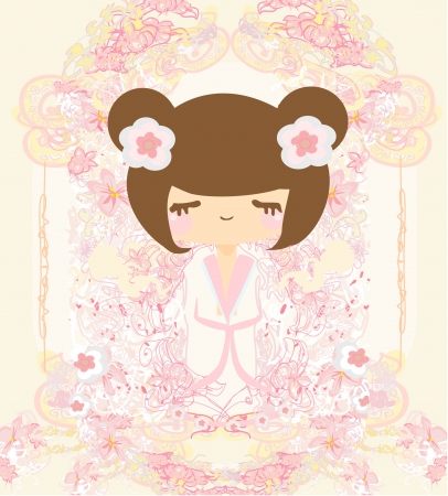 Kokeshi doll on the pink background with floral ornament のイラスト素材