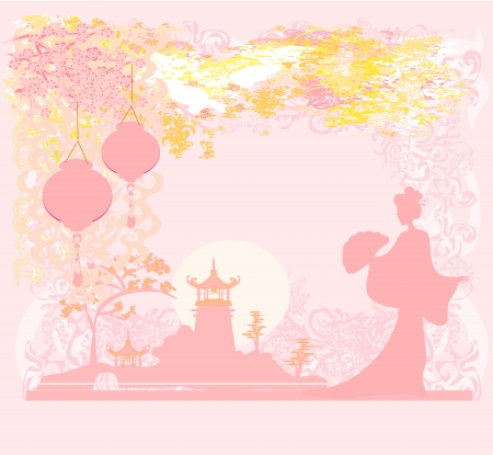  old paper with Asian Landscape and Chinese Lanterns - vintage japanese style background のイラスト素材