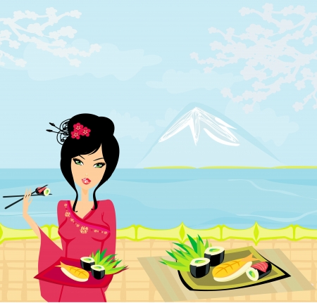 beautiful Asian girl enjoy sushi - menu template のイラスト素材