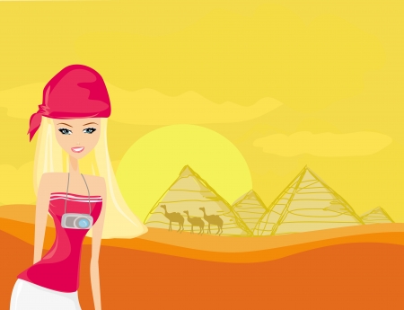Women on background the pyramids in Giza built for the pharaoh  のイラスト素材