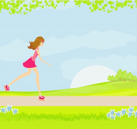 teen girl having fun on roller skates のイラスト素材